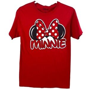 Disney Minnie Mouse Spell Out Polka Dot Bow Ears Red T-Shirt Woman’s size Small